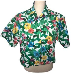 Vintage Lizsport Floral Top Size L Button Front Boxy Cropped Shirt Short Sleeve